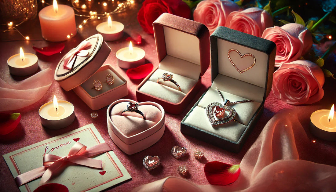 A romantic Valentine's Day scene featuring elegant jewelry gifts. The setting includes a beautifully lit table adorned with a heart-shaped necklace, a sparkling ring in a luxurious box, and stylish earrings displayed on a velvet cushion