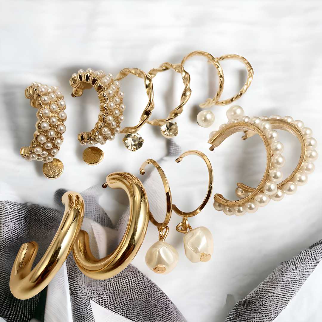 AVR JEWELS Combo Of 9 Stunning Gold Plated Pearl Studs and Hoop Earrings - My Store