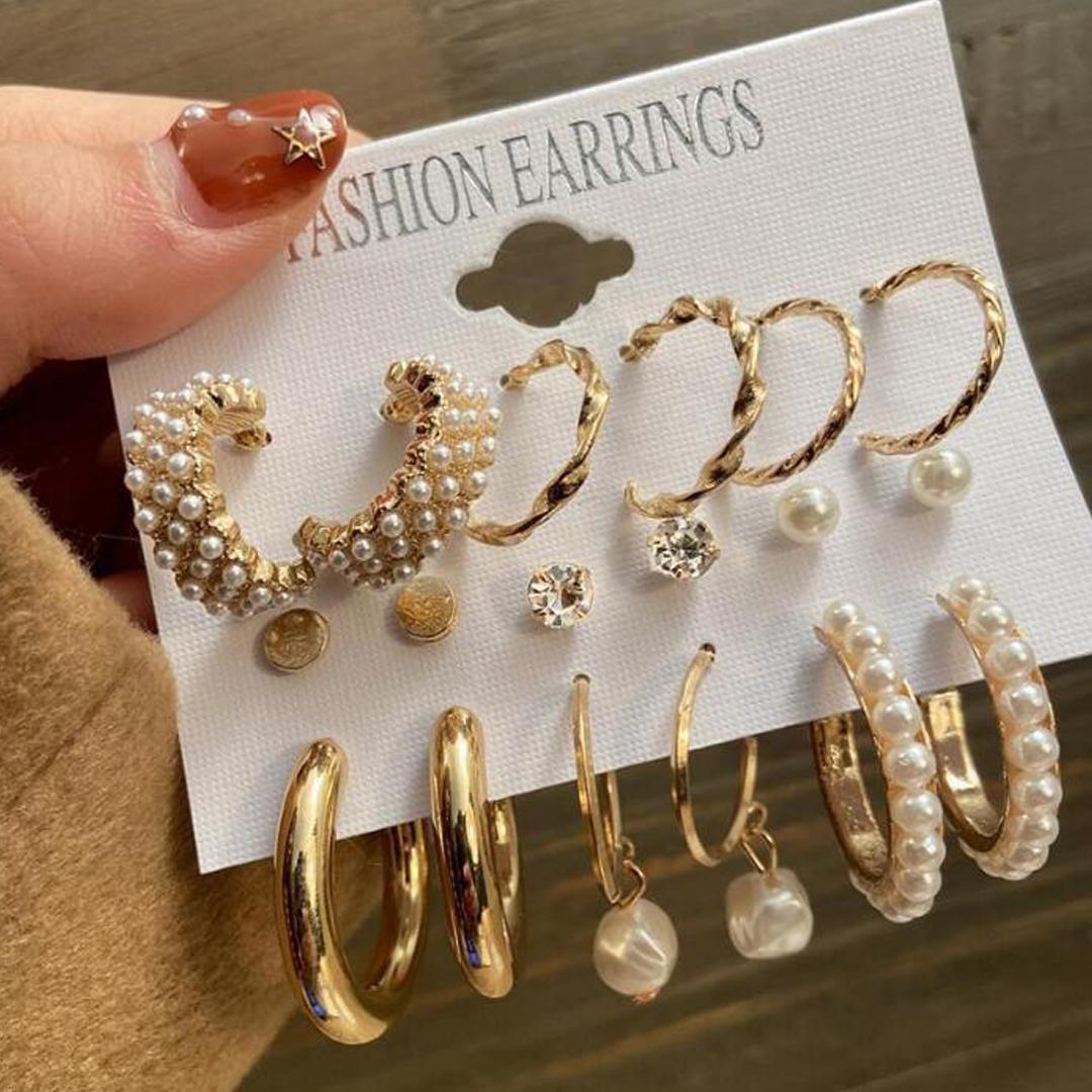 AVR JEWELS Combo Of 9 Stunning Gold Plated Pearl Studs and Hoop Earrings - My Store