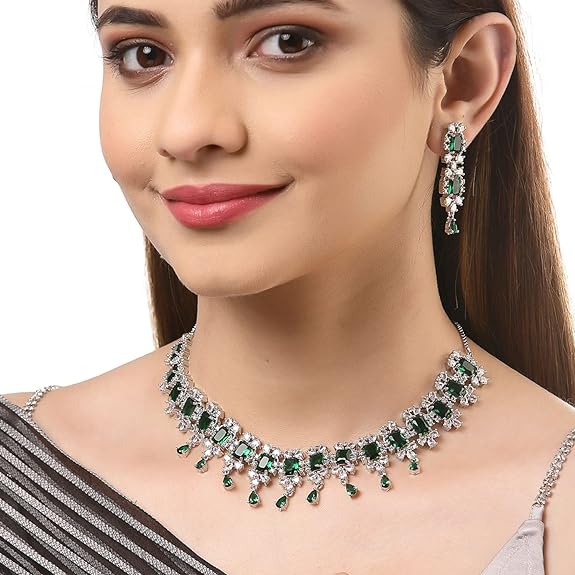 Square Shaped Silver Toned Diamond Stone Studded Necklace With Earring Jewellery