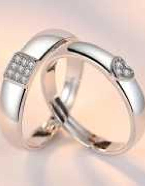 Silver-Plated Cubic Zirconia-Studded Adjustable Couple Rings