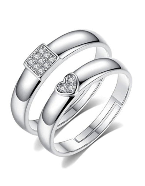 Silver-Plated Cubic Zirconia-Studded Adjustable Couple Rings