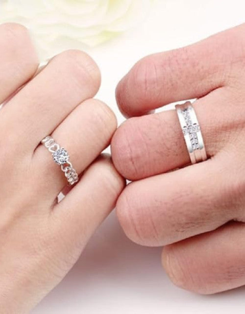 Stainless Steel Silver Plated Zirconia Studded Couple Rings